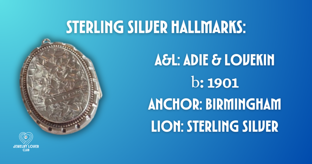 Sterling Silver Hallmarks:
A&L: Adie & Lovekin
b: 1901
Anchor: Birmingham
Lion: Sterling Silver
Shows the back of the Vesta Case where the hallmarks are stamped