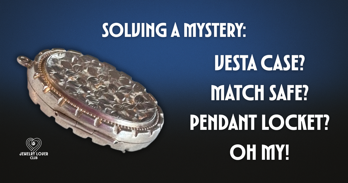 Showing a Vesta Case against an ombre blue background and it reads: Solving a mystery Vesta Case? Match Safe? Pendant Locket? Oh my!