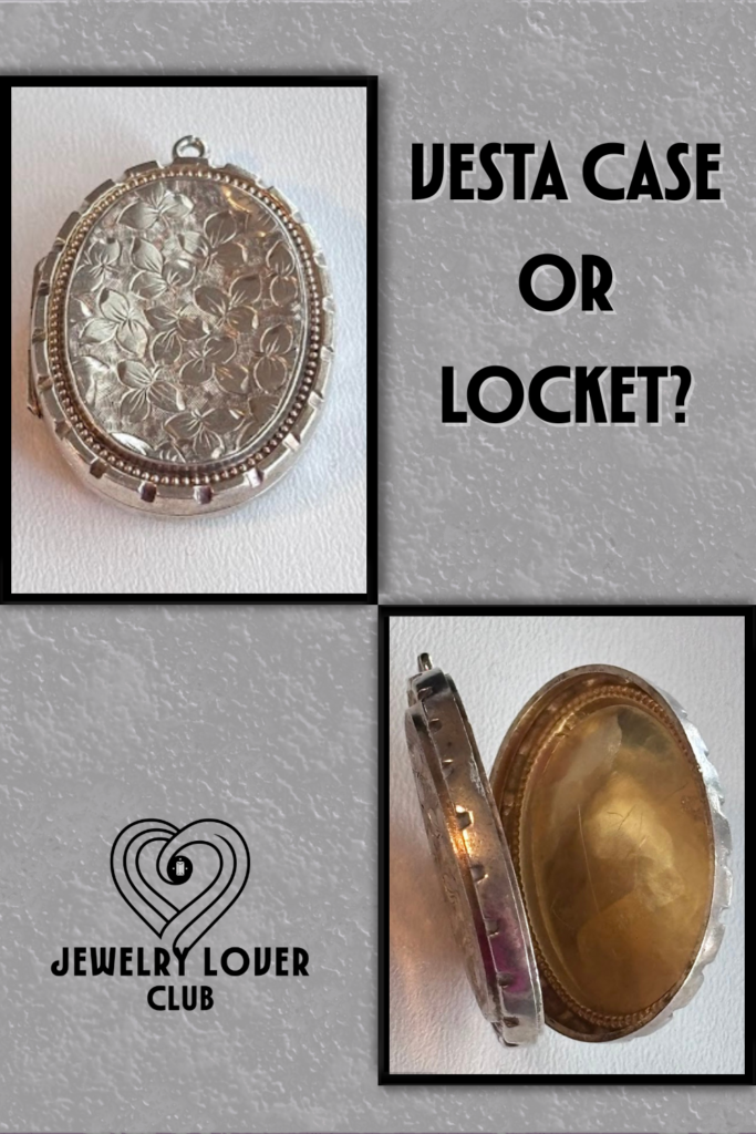 Asking the question: Vesta Case or Locket with a photograph of the sterling silver case open in the top left and with it open showing the gold vermeil lining on the bottom right. The image also shows the Jewelry Lover Club logo which uses the words with a multi-line heart with a gemstone in the middle